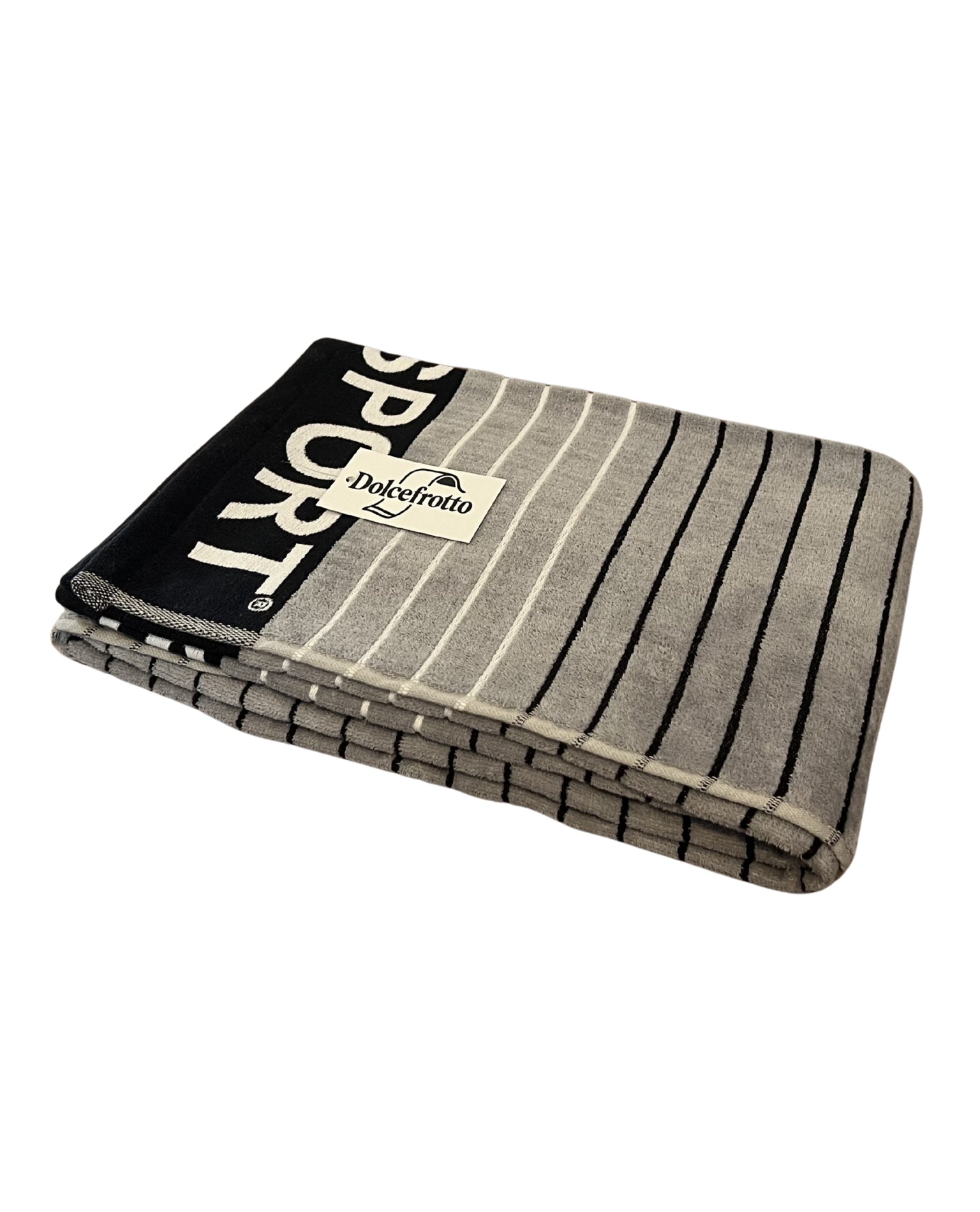 XXL Strandtuch mit sportlichem Schriftzug in Grau, gefaltet mit Logo – Sport Kollektion von Dolcefrotto