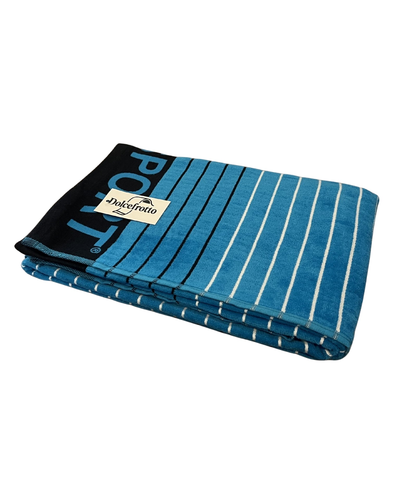 XXL Strandtuch mit sportlichem Schriftzug in Hellblau, gefaltet mit Logo – Sport Kollektion von Dolcefrotto