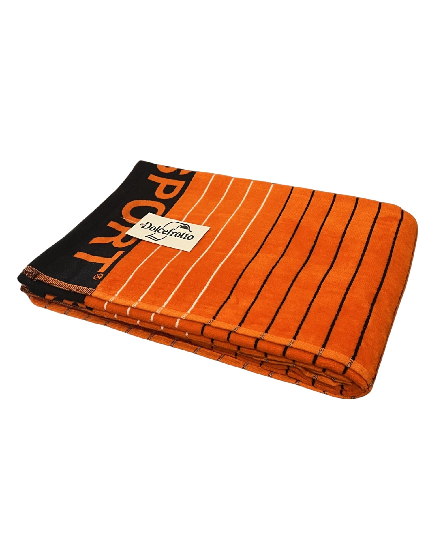 XXL Strandtuch mit sportlichem Schriftzug in Orange, gefaltet mit Logo – Sport Kollektion von Dolcefrotto