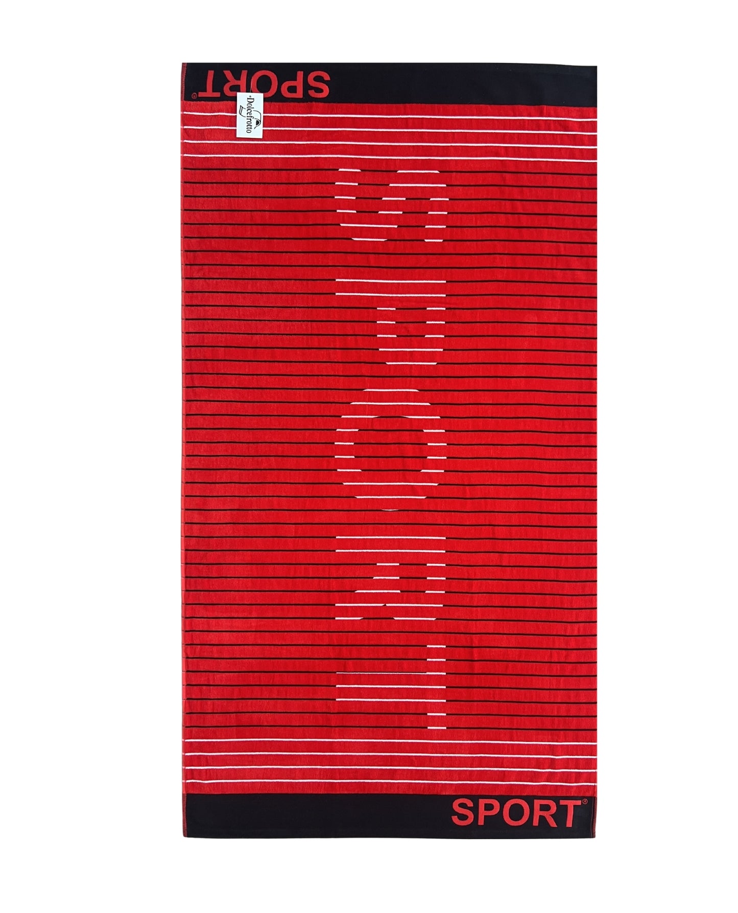 XXL Strandtuch mit sportlichem Schriftzug in Rot, ausgebreitet – Sport Kollektion von Dolcefrotto
