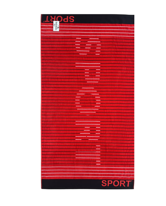 XXL Strandtuch mit sportlichem Schriftzug in Rot, ausgebreitet – Sport Kollektion von Dolcefrotto