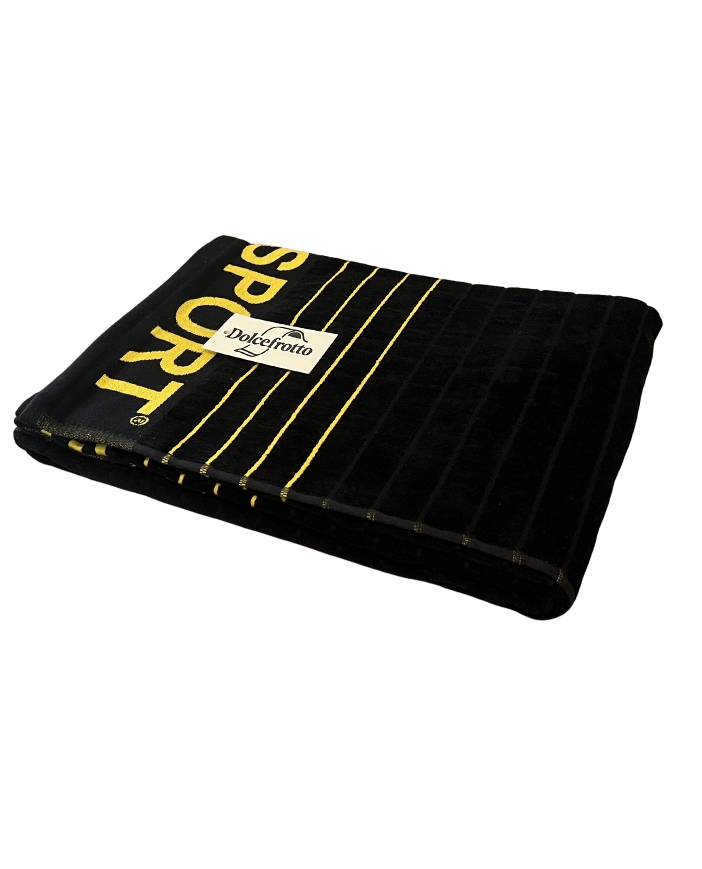 XXL Strandtuch mit sportlichem Schriftzug in Schwarz, gefaltet mit Logo – Sport Kollektion von Dolcefrotto