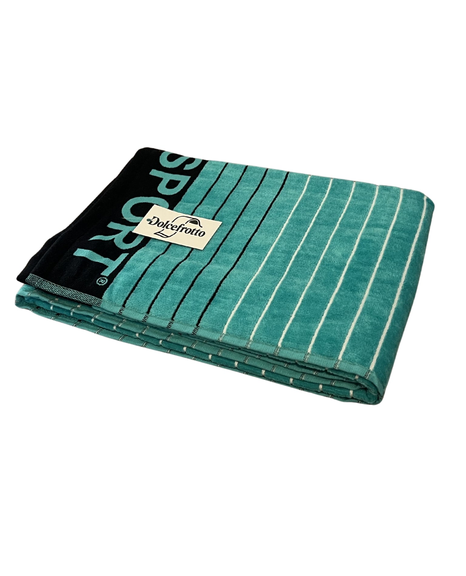 XXL Strandtuch mit sportlichem Schriftzug in Türkis, gefaltet mit Logo – Sport Kollektion von Dolcefrotto