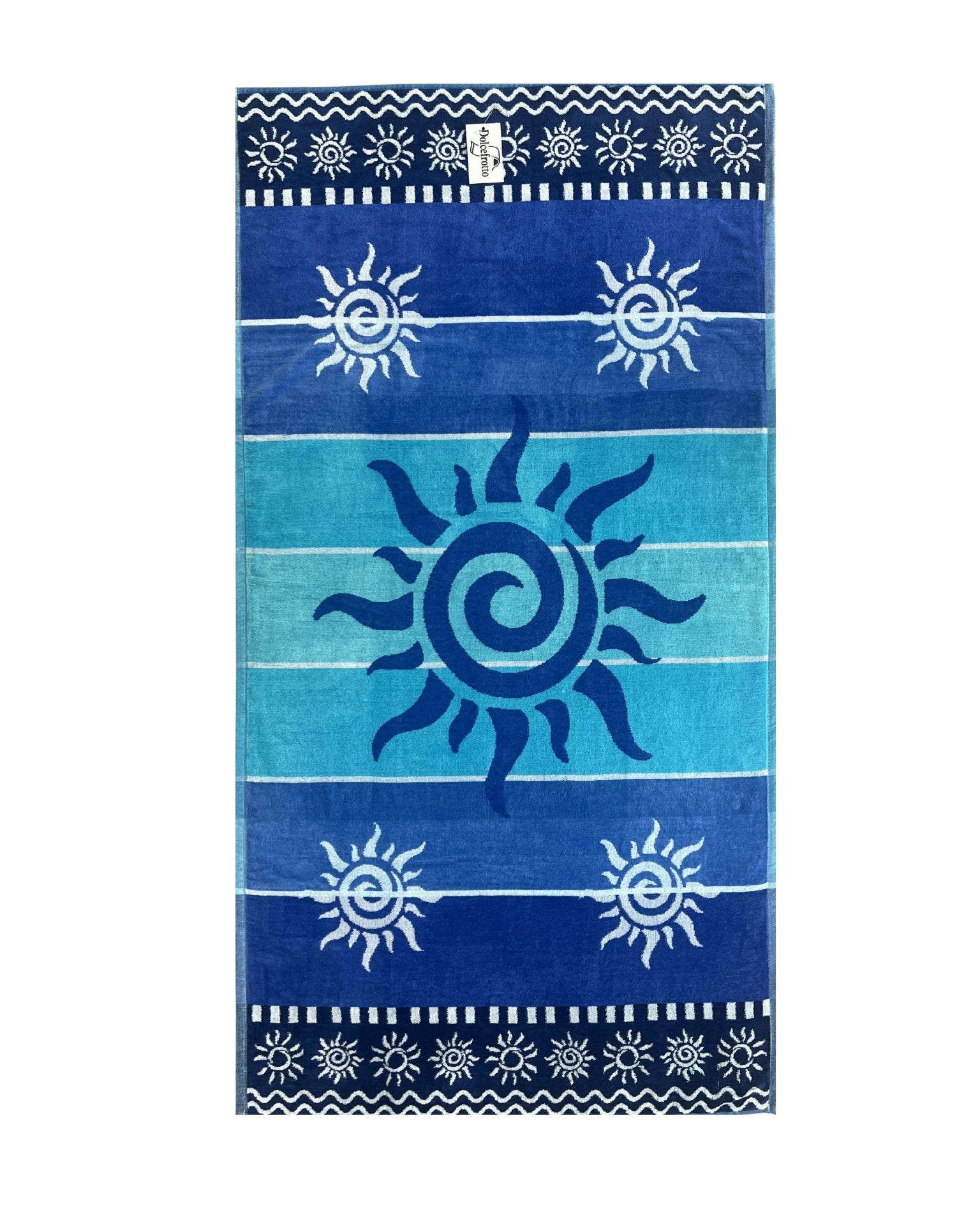 XXL Strandtuch mit Sonnen-Design und Streifen in Blau, ausgebreitet – Stromboli Kollektion von Dolcefrotto