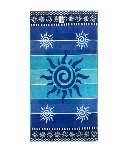XXL Strandtuch mit Sonnen-Design und Streifen in Blau, ausgebreitet – Stromboli Kollektion von Dolcefrotto