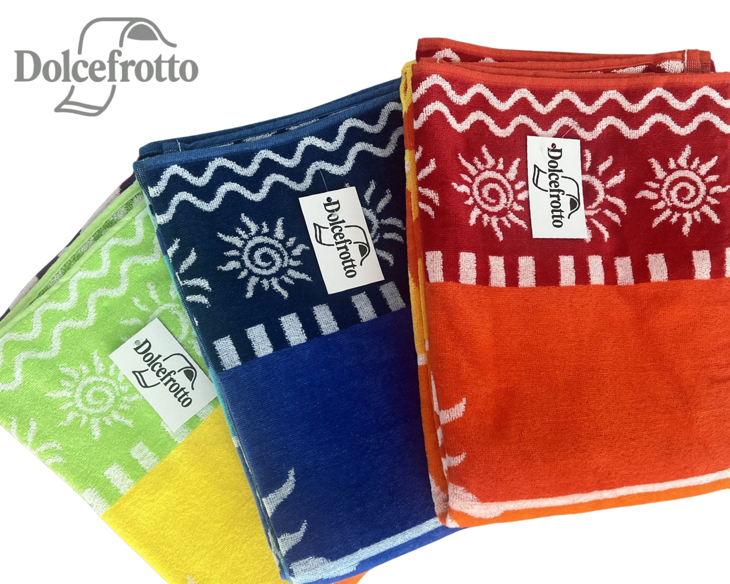 Stromboli Kollektion – XXL Strandtücher mit Sonnen-Design und Streifen in Rot, Blau und Regenbogen, alle Varianten auf einen Blick, Dolcefrotto