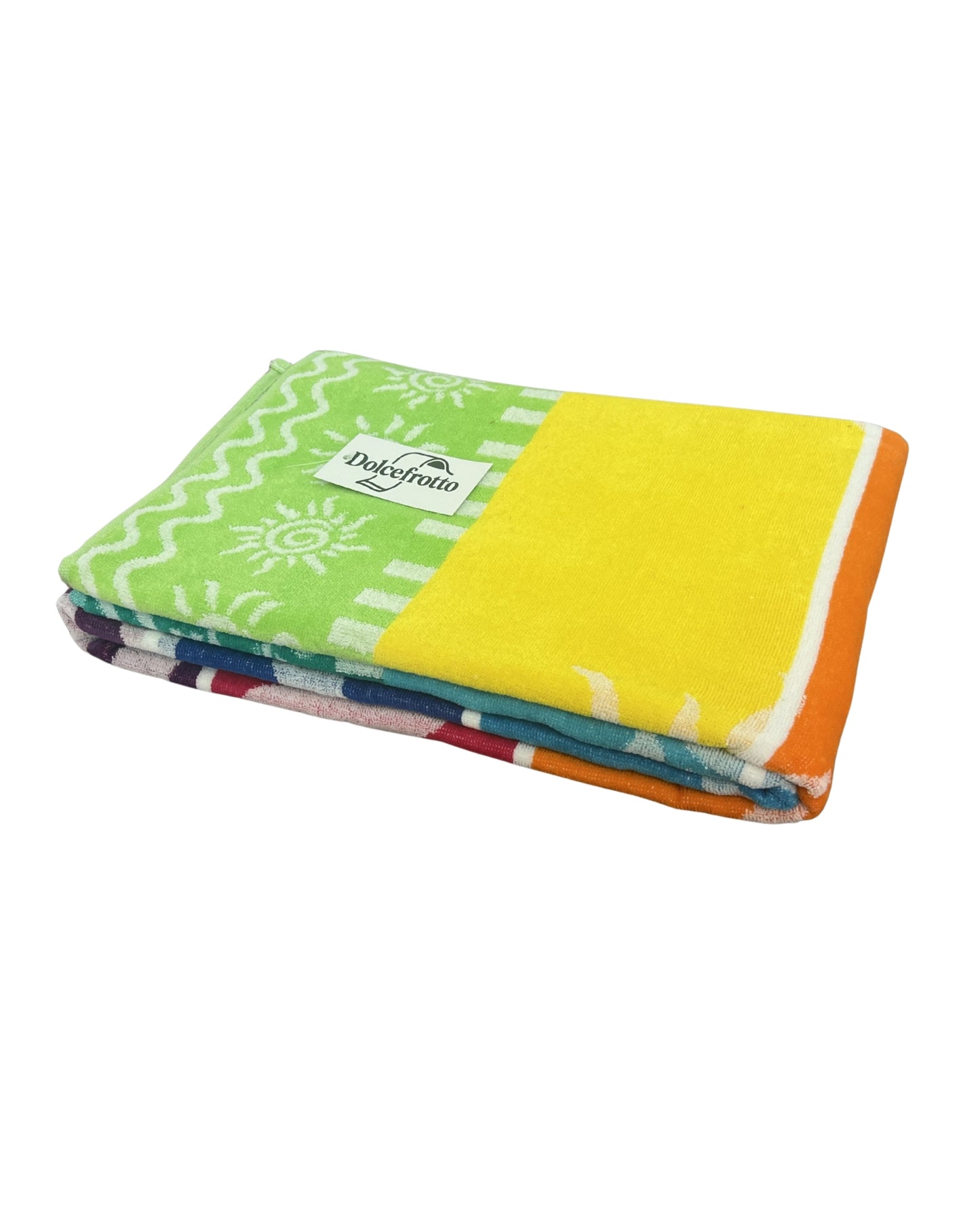 XXL Strandtuch mit Sonnen-Design und Streifen in Regenbogenfarben, gefaltet mit Logo – Stromboli Kollektion von Dolcefrotto