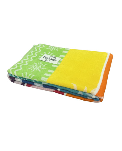 XXL Strandtuch mit Sonnen-Design und Streifen in Regenbogenfarben, gefaltet mit Logo – Stromboli Kollektion von Dolcefrotto