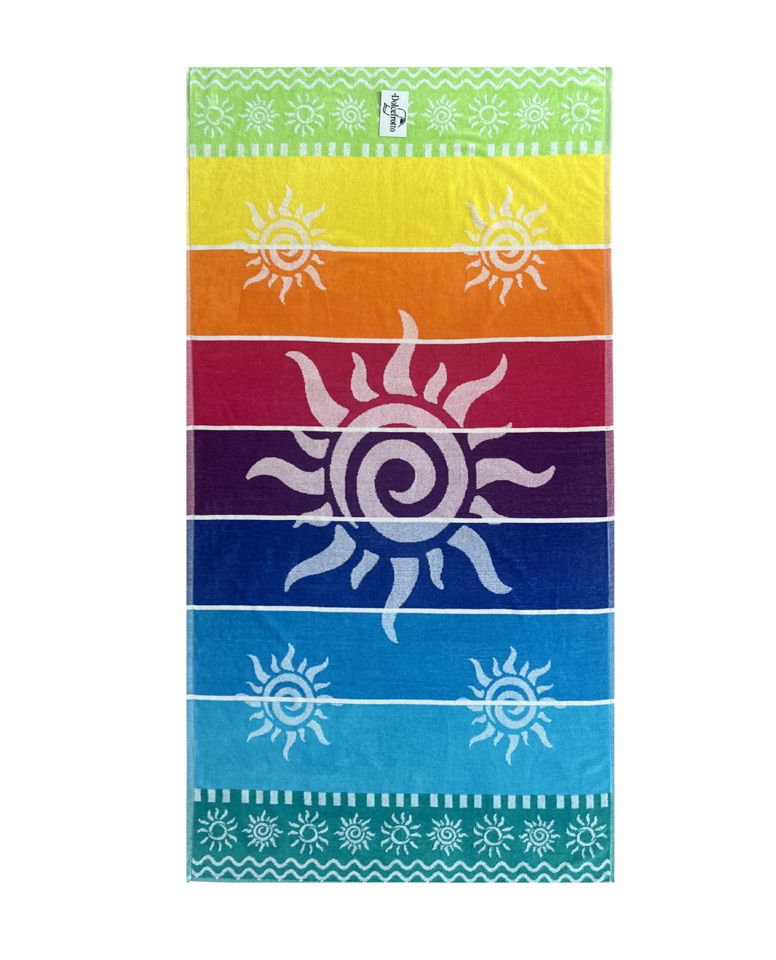 XXL Strandtuch mit Sonnen-Design und Streifen in Regenbogenfarben, ausgebreitet – Stromboli Kollektion von Dolcefrotto