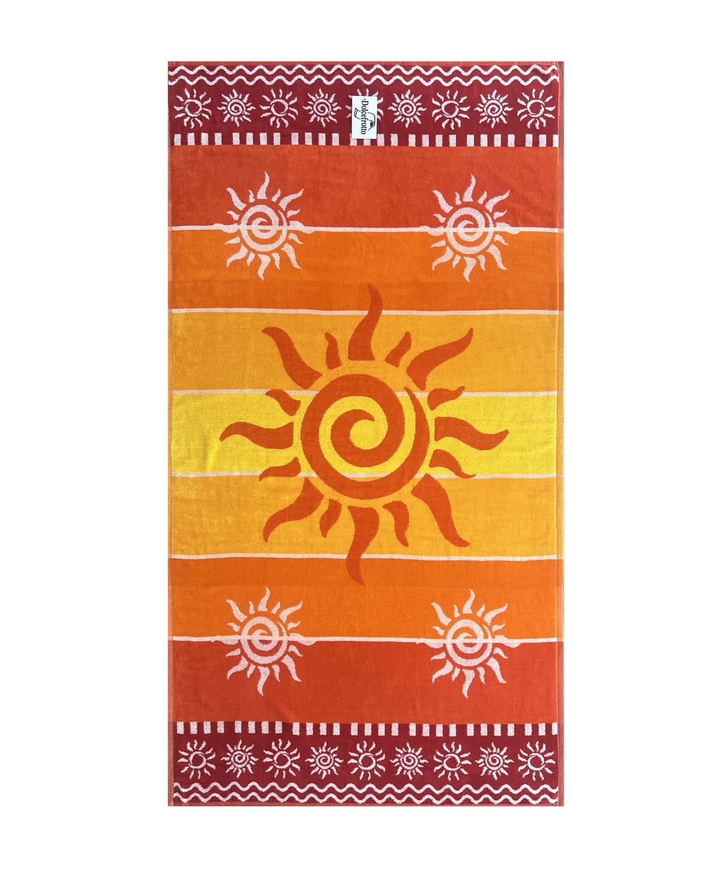 XXL Strandtuch mit Sonnen-Design und Streifen in Rot, ausgebreitet – Stromboli Kollektion von Dolcefrotto