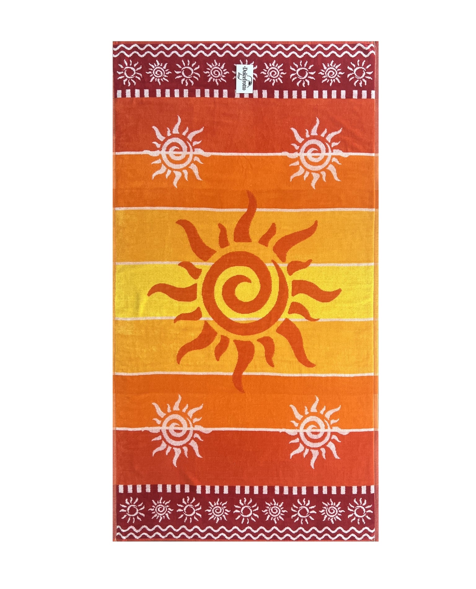 XXL Strandtuch mit Sonnen-Design und Streifen in Rot, ausgebreitet – Stromboli Kollektion von Dolcefrotto