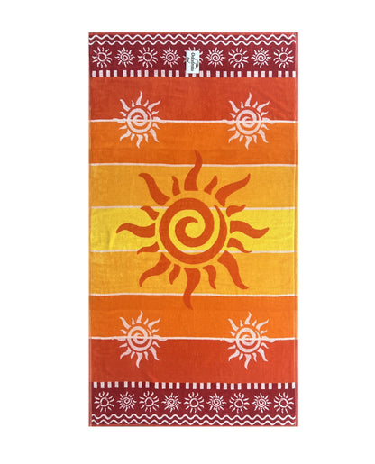 XXL Strandtuch mit Sonnen-Design und Streifen in Rot, ausgebreitet – Stromboli Kollektion von Dolcefrotto