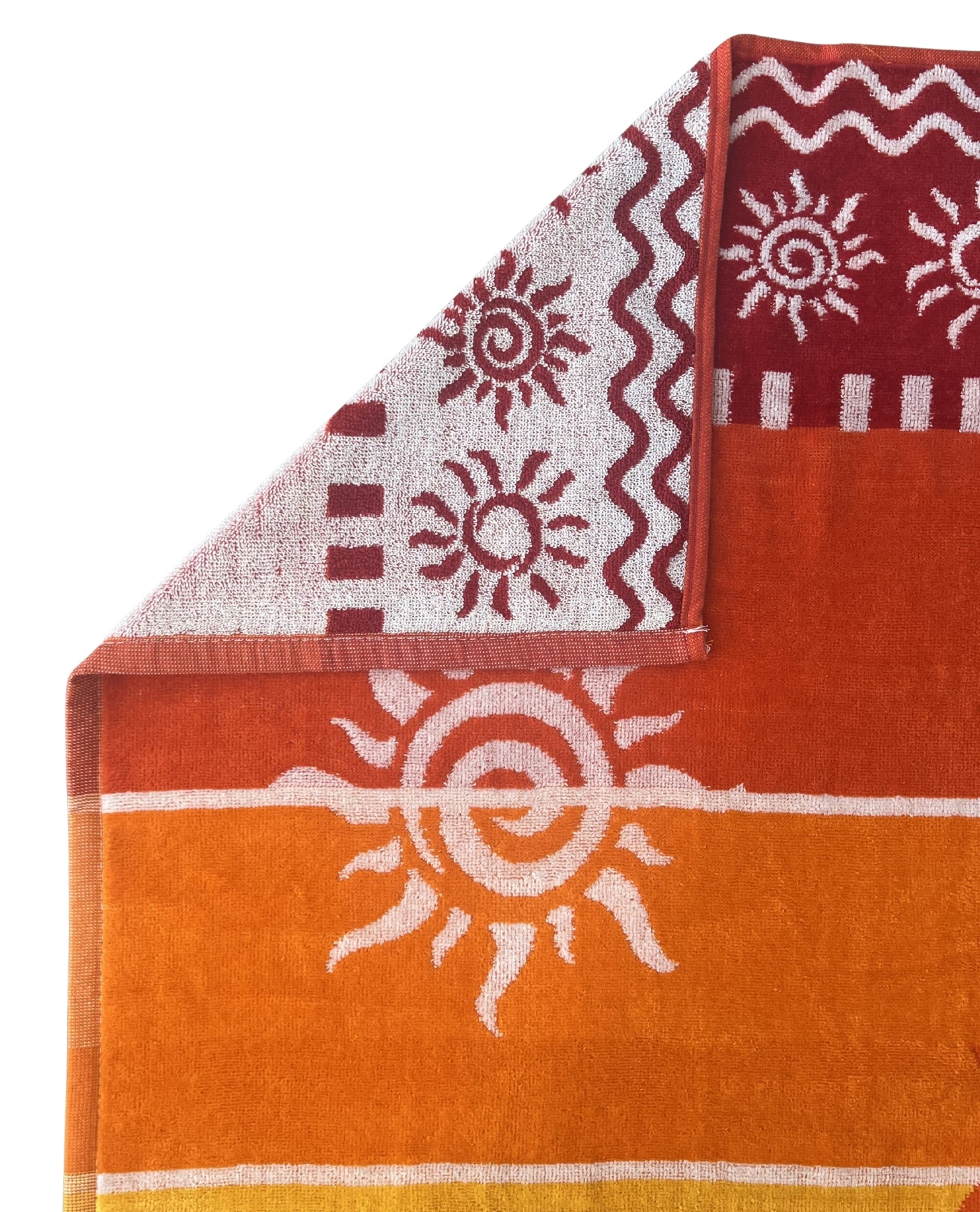 XXL Strandtuch mit Sonnen-Design und Streifen in Rot, Ecke und Detailansicht – Stromboli Kollektion von Dolcefrotto